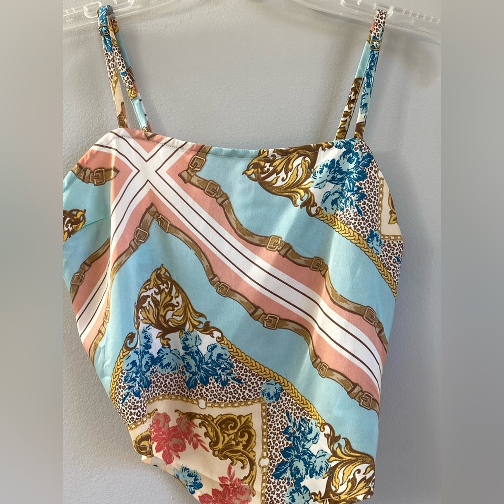 Versace Style Baroque Print Cami Crop Top- Gold Chain Leopard Floral Pink
